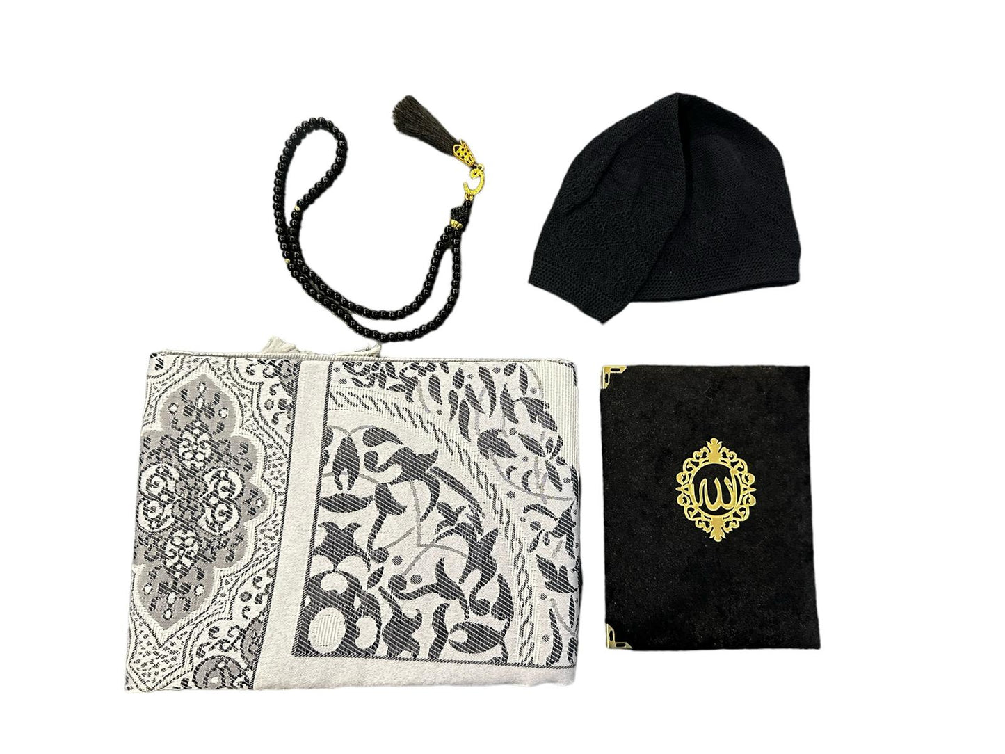 Männer Geschenkset 4 teilig Gebetsteppich+ 99er Gebetskette + Koran Juz+ Gebetsmütze