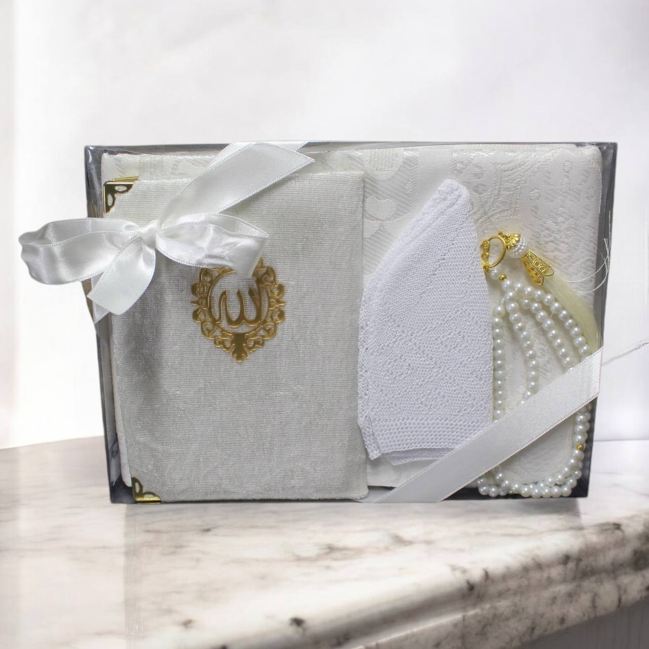 Männer Geschenkset 4 teilig Gebetsteppich+ 99er Gebetskette + Koran Juz+ Gebetsmütze