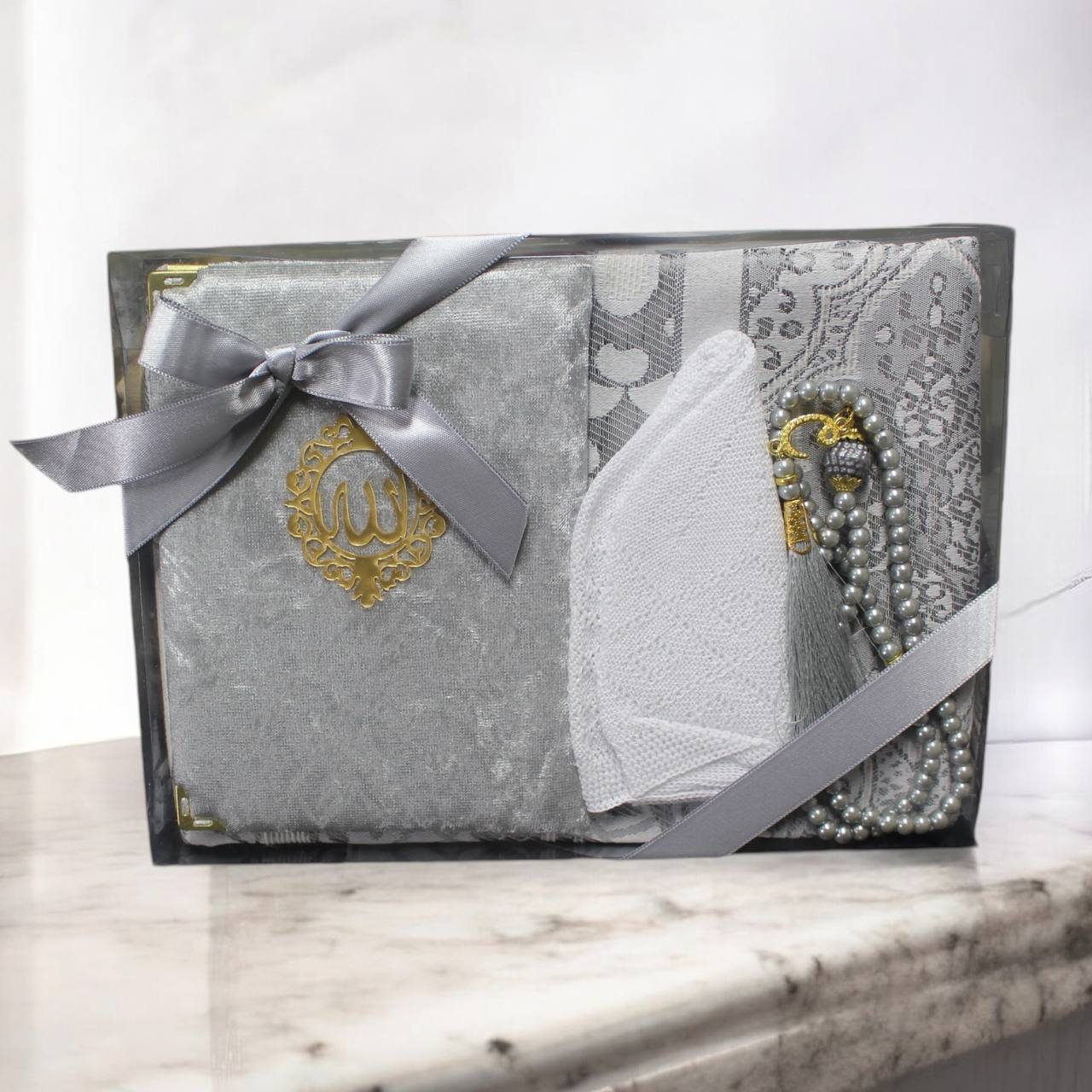 Männer Geschenkset 4 teilig Gebetsteppich+ 99er Gebetskette + Koran Juz+ Gebetsmütze
