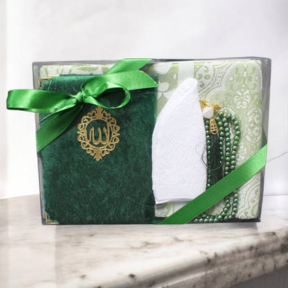 Männer Geschenkset 4 teilig Gebetsteppich+ 99er Gebetskette + Koran Juz+ Gebetsmütze