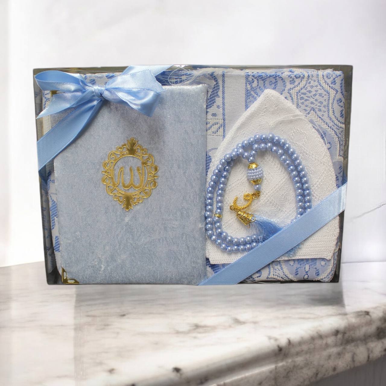 Männer Geschenkset 4 teilig Gebetsteppich+ 99er Gebetskette + Koran Juz+ Gebetsmütze
