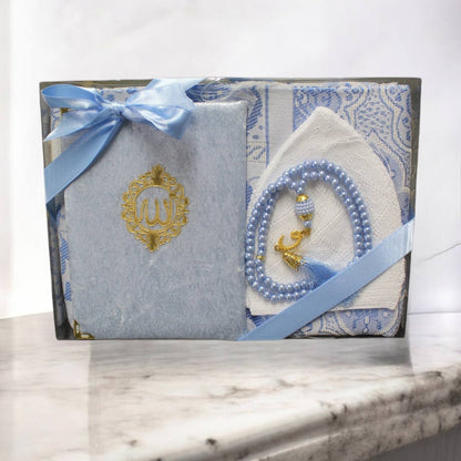 Männer Geschenkset 4 teilig Gebetsteppich+ 99er Gebetskette + Koran Juz+ Gebetsmütze