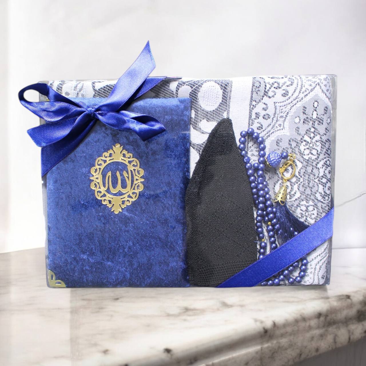 Männer Geschenkset 4 teilig Gebetsteppich+ 99er Gebetskette + Koran Juz+ Gebetsmütze