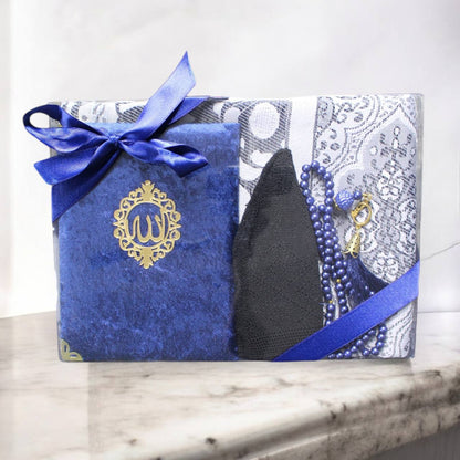 Männer Geschenkset 4 teilig Gebetsteppich+ 99er Gebetskette + Koran Juz+ Gebetsmütze