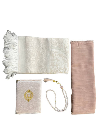 Frauen Geschenkset 4 tlg. Gebetsteppich + 99er Gebetskette+ Koran Juz + Hijab